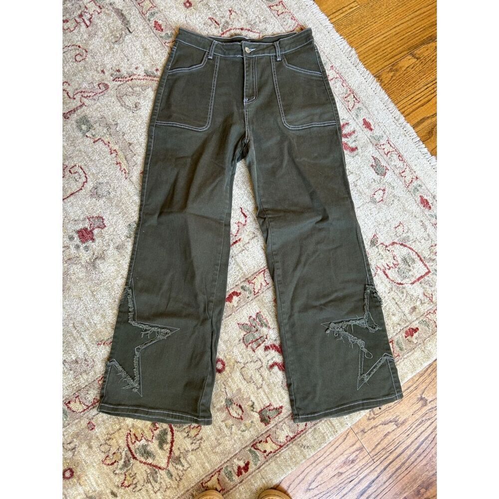 Hot Topic Olive Green Wide-Leg Pants with Star Cutouts